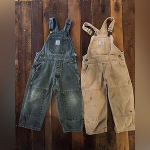 2 Carhartt Kid Toddler Boys Bibs Overalls in Olive and Khaki size 3T